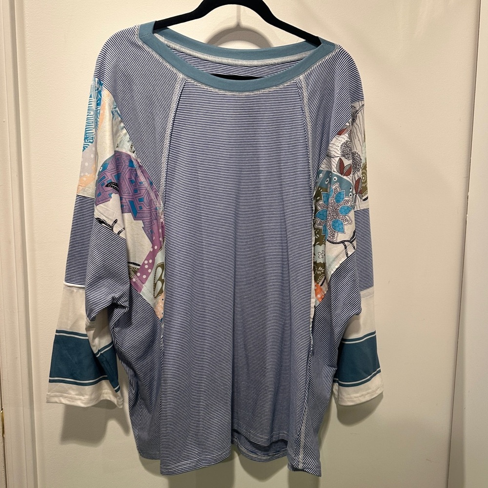 Evaless Chic Women’s Blue and White Beautiful Patchwork 2XL Top